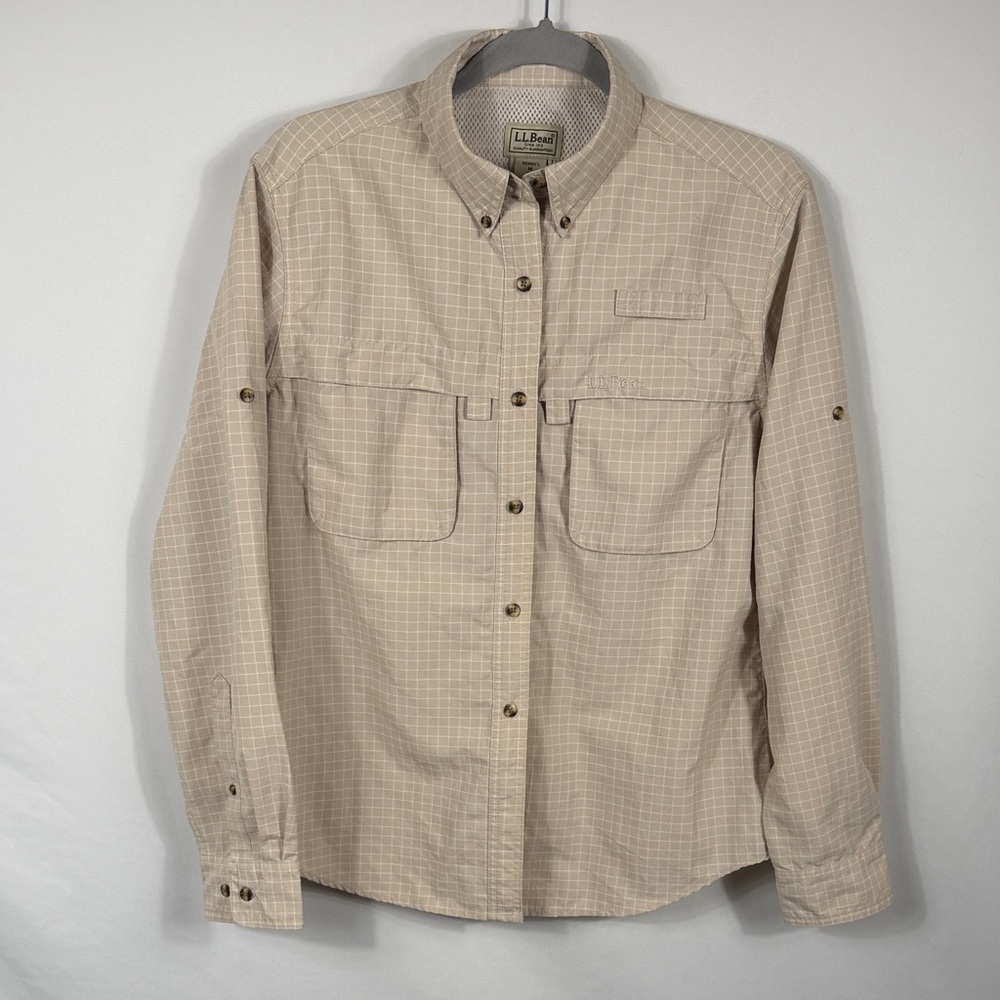 L.L. Bean Women's Beige Plaid Button-Down Shirt. Breathable. Fishing. Size M